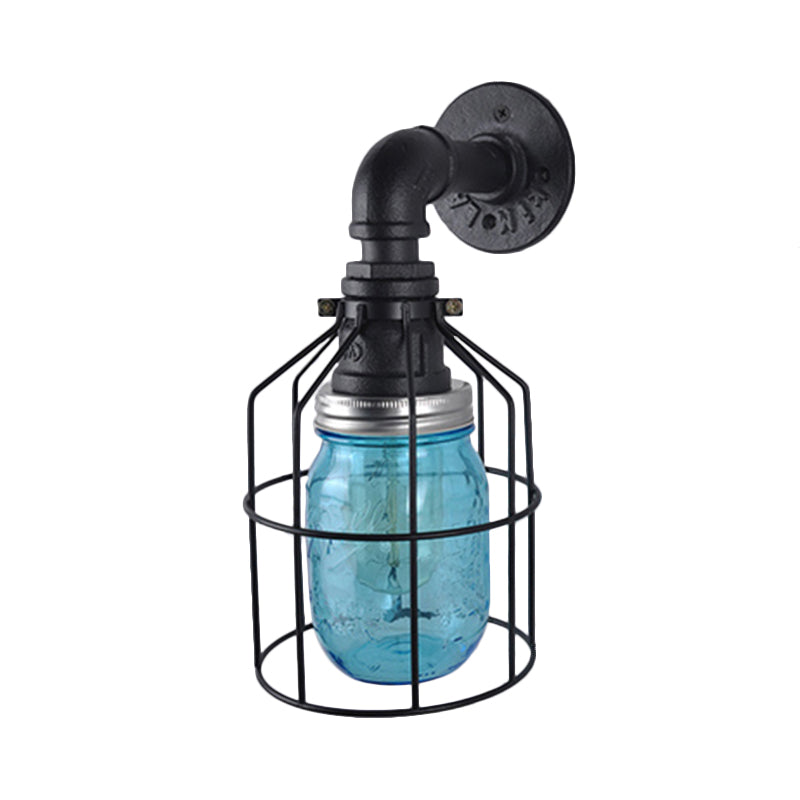 Blue/Clear Glass Shade Wall Lamp with Wire Cage Industrial Style Glass 1 Bulb Restaurant Wall Light