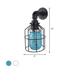 Blue/Clear Glass Shade Wall Lamp with Wire Cage Industrial Style Glass 1 Bulb Restaurant Wall Light