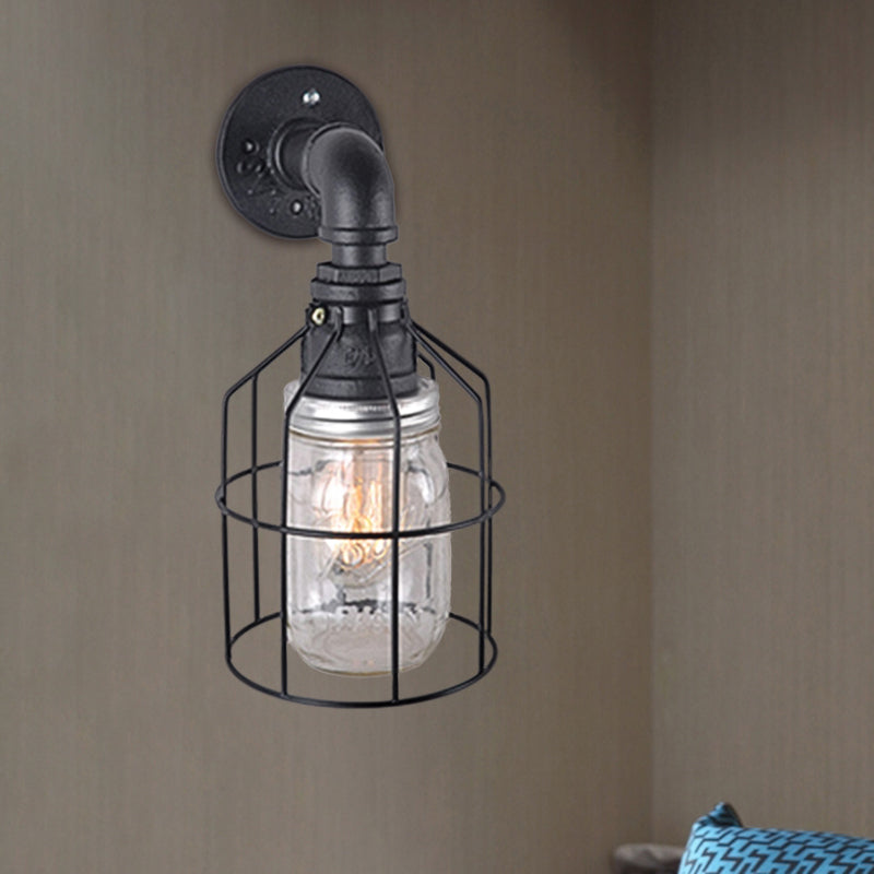 Blue/Clear Glass Shade Wall Lamp with Wire Cage Industrial Style Glass 1 Bulb Restaurant Wall Light