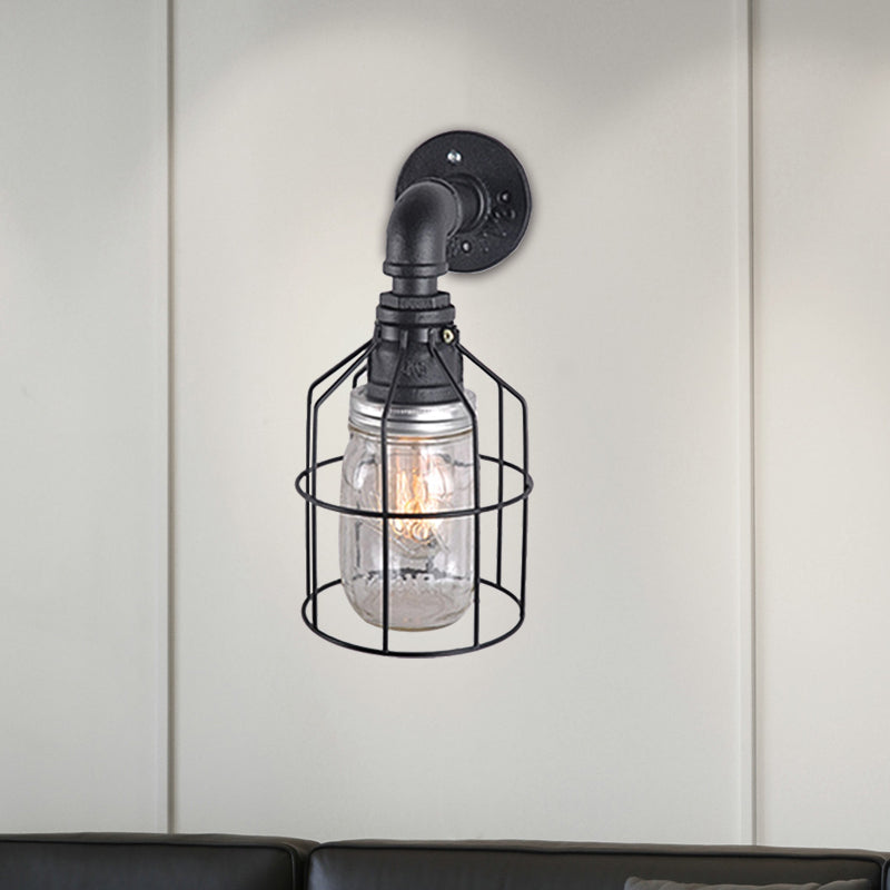 Blue/Clear Glass Shade Wall Lamp with Wire Cage Industrial Style Glass 1 Bulb Restaurant Wall Light