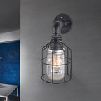 Blue/Clear Glass Shade Wall Lamp with Wire Cage Industrial Style Glass 1 Bulb Restaurant Wall Light