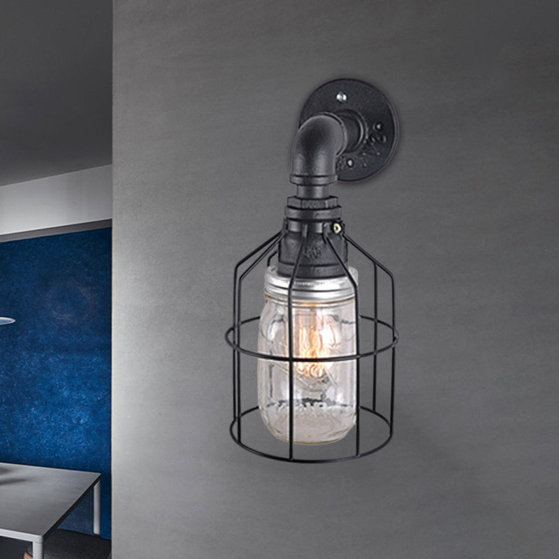 Blue/Clear Glass Shade Wall Lamp with Wire Cage Industrial Style Glass 1 Bulb Restaurant Wall Light