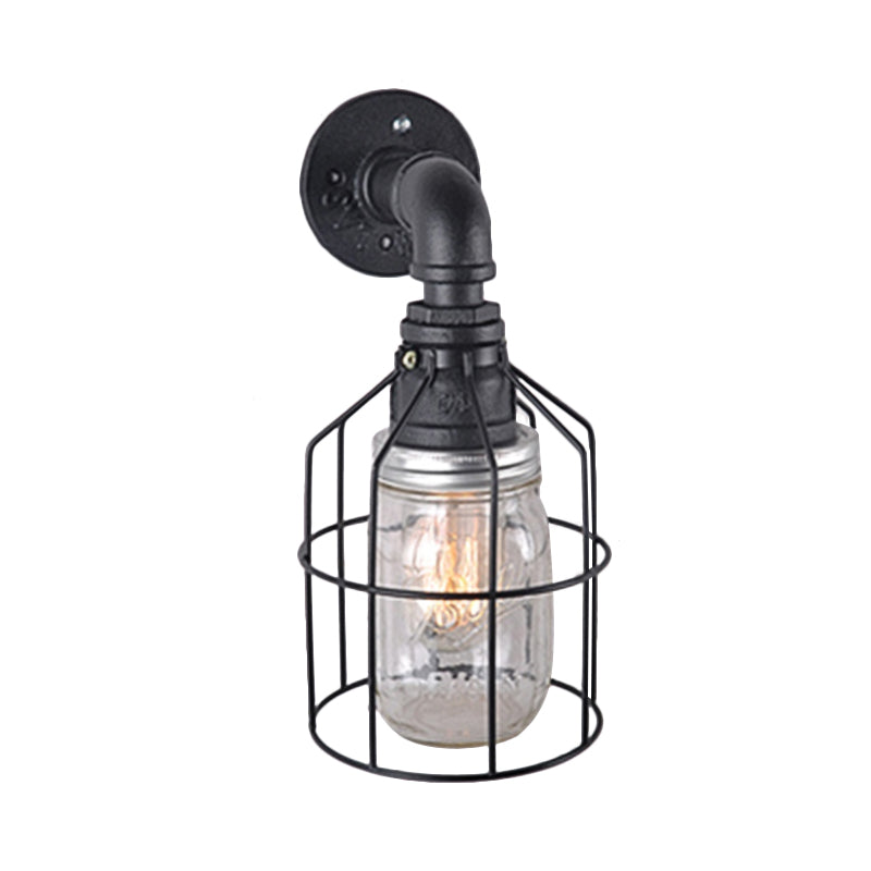 Blue/Clear Glass Shade Wall Lamp with Wire Cage Industrial Style Glass 1 Bulb Restaurant Wall Light