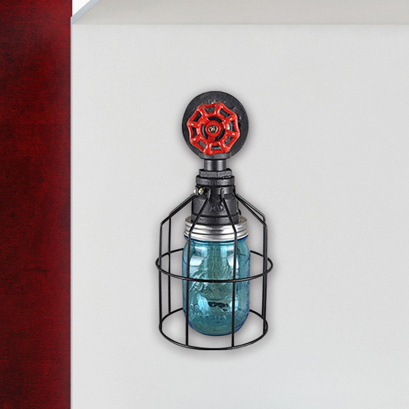 Vintage Caged Wall Lamp with Inner Pot Shade and Red Flap 1 Light Glass Wall Lighting in Blue/Transparent