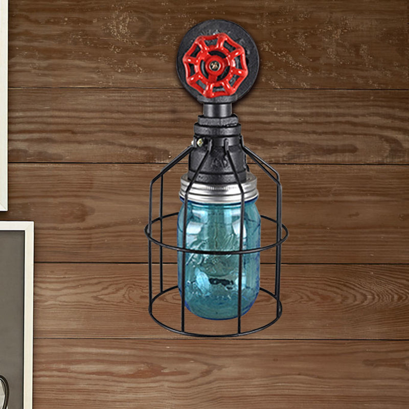 Vintage Caged Wall Lamp with Inner Pot Shade and Red Flap 1 Light Glass Wall Lighting in Blue/Transparent