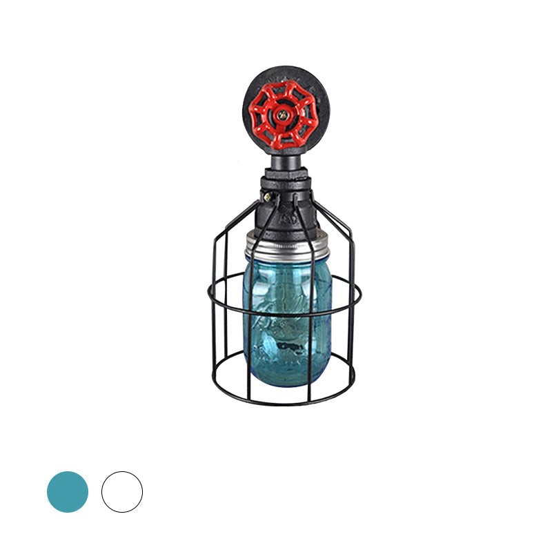 Vintage Caged Wall Lamp with Inner Pot Shade and Red Flap 1 Light Glass Wall Lighting in Blue/Transparent