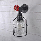 Vintage Caged Wall Lamp with Inner Pot Shade and Red Flap 1 Light Glass Wall Lighting in Blue/Transparent