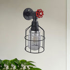 Vintage Caged Wall Lamp with Inner Pot Shade and Red Flap 1 Light Glass Wall Lighting in Blue/Transparent