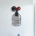 Vintage Caged Wall Lamp with Inner Pot Shade and Red Flap 1 Light Glass Wall Lighting in Blue/Transparent