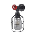 Vintage Caged Wall Lamp with Inner Pot Shade and Red Flap 1 Light Glass Wall Lighting in Blue/Transparent