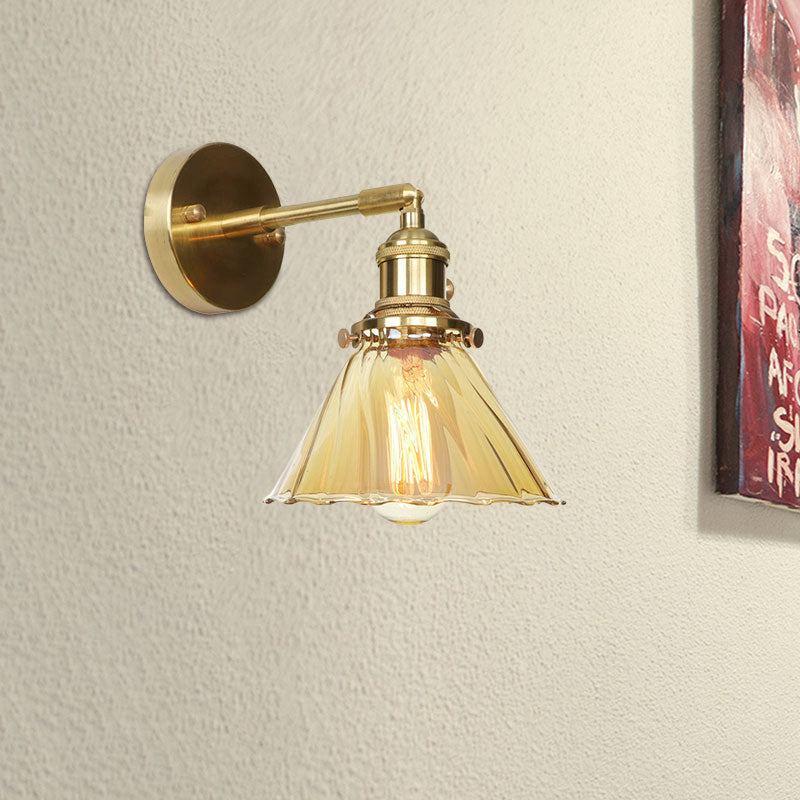 Industrial Vintage Cone Wall Lamp Amber Ruffle Glass Adjustable 1 Light Wall Sconce
