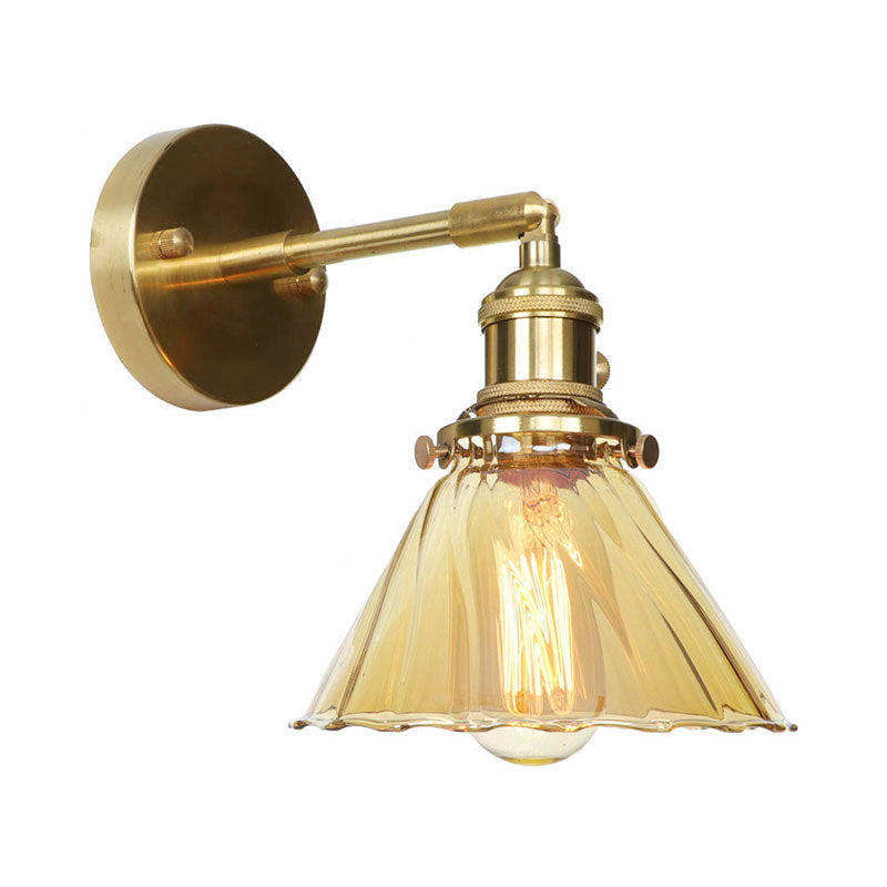 Industrial Vintage Cone Wall Lamp Amber Ruffle Glass Adjustable 1 Light Wall Sconce
