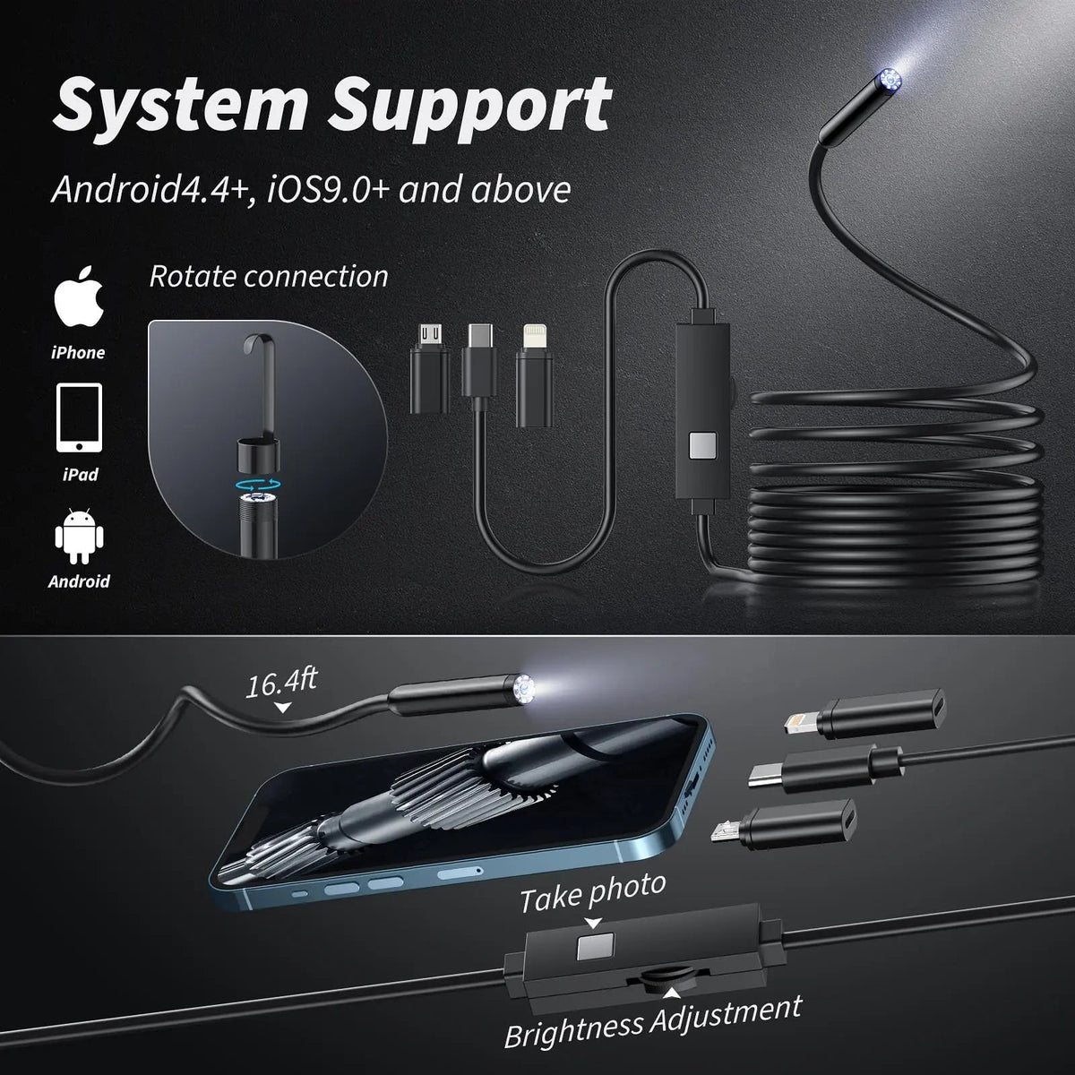HD Inspection Endoscope Camera – Waterproof with Adjustable LED Light