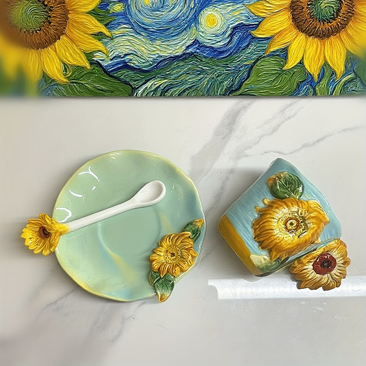 ArtSip Ceramic Cup & Saucer Set – Hand-painted 3D Design inspired by Van Gogh
