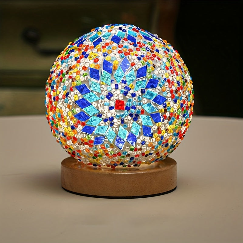 Mosaic glass ball table lamp with wooden base - Turkish Moroccan inspired