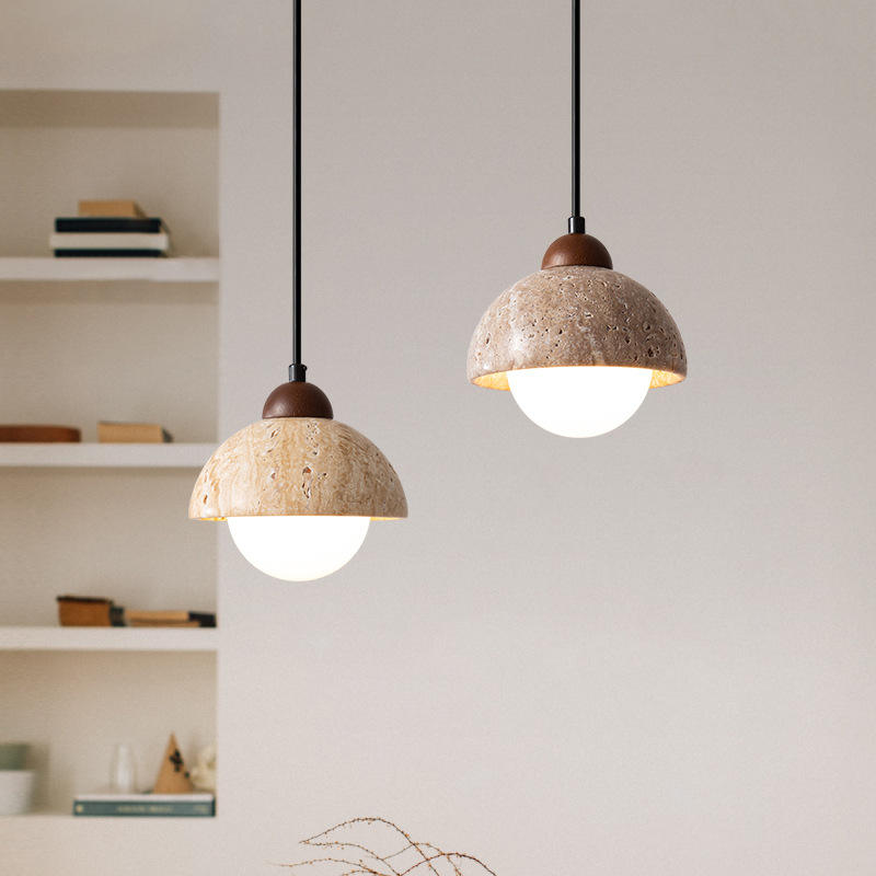 Elegant pendant lamp made of wood and natural marble