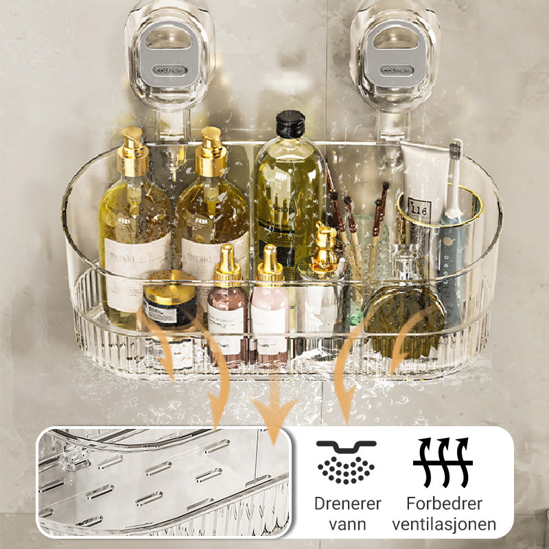 Storage rack with suction cup and drainage hole
