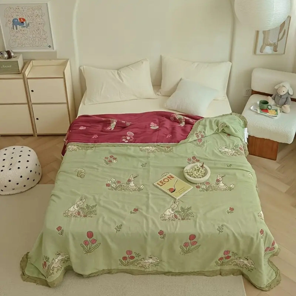 Embroidered Bunny Floral Cotton Blanket