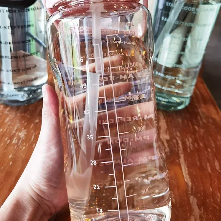 2L Portable Sports Water Bottle with Straw and Time Markings