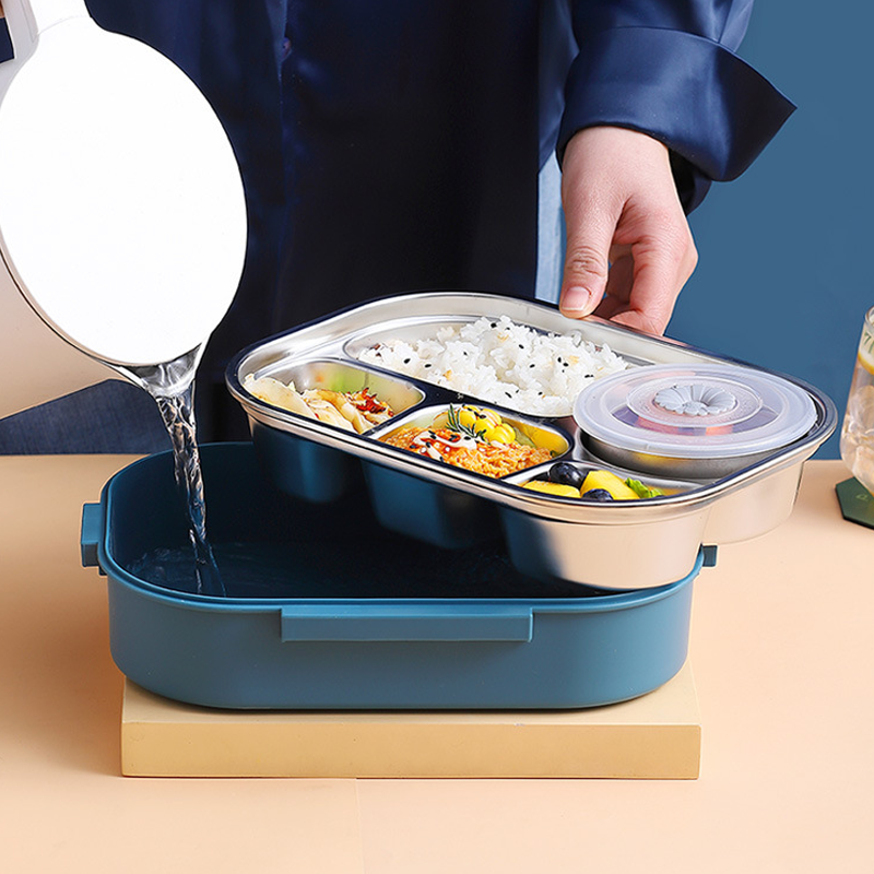 Thermo-Lunchbox made of stainless steel – inside made of stainless steel – 3 or 4 compartments with soup bowl – wall clock