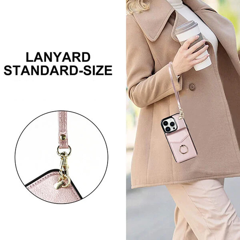 Leather Wallet Case with Ring & Lanyard for iPhone