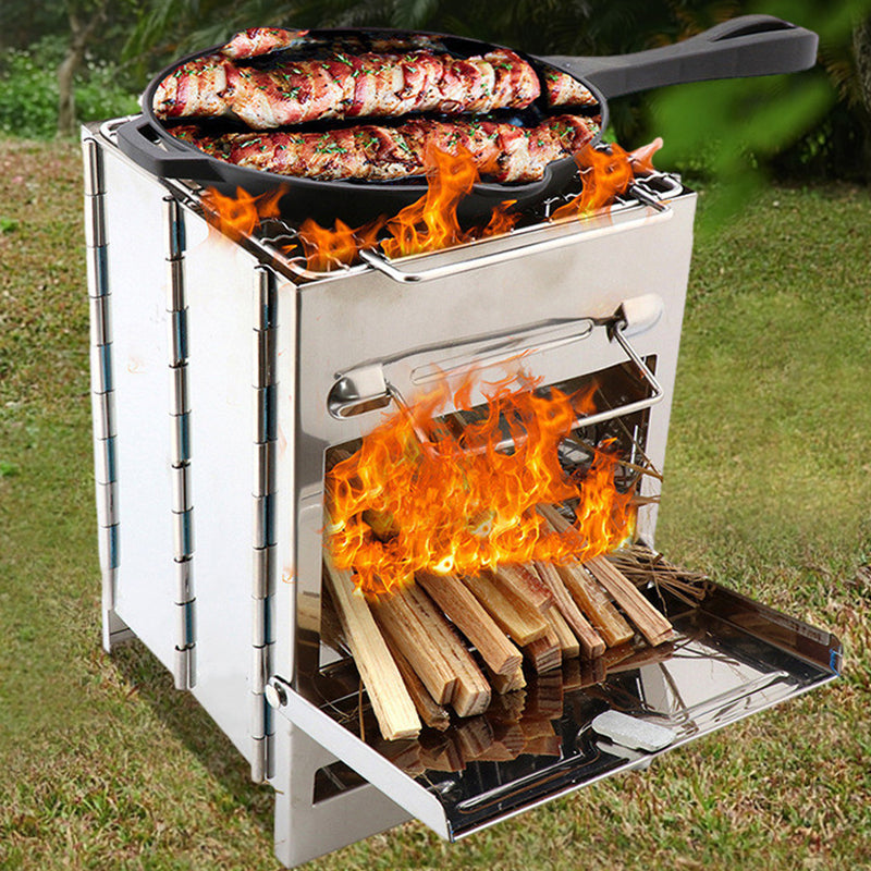 Outdoor Folding Wood Stove Mini Stainless Steel Grill Camping Picnic