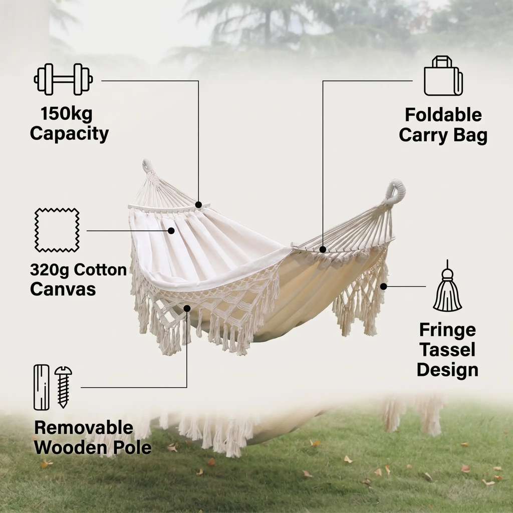 200x150cm Double Outdoor Camping Fringe Canvas Hammock with Pole (White)