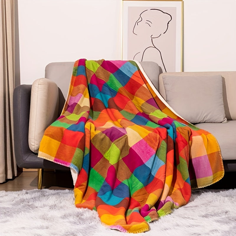 Coral fleece blanket – Reversible thick Sherpa blanket with a colorful checkered pattern