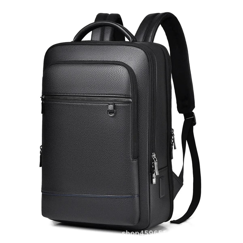 Elegant leather rucksack for men/women with USB port for laptop and everyday use, 15.6 inch, black