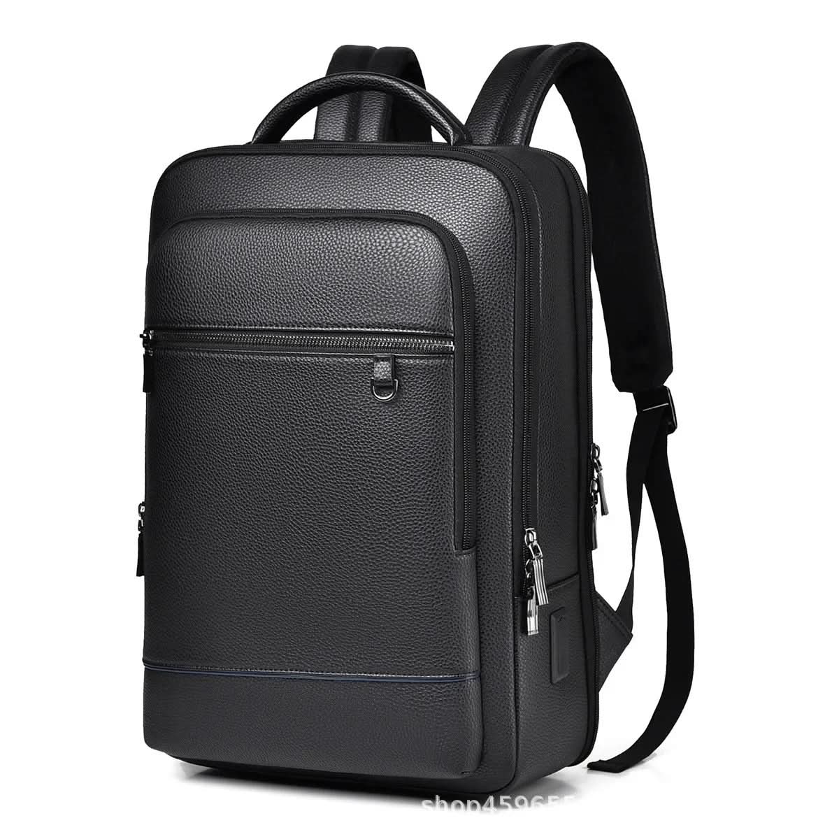 Elegant leather rucksack for men/women with USB port for laptop and everyday use, 15.6 inch, black