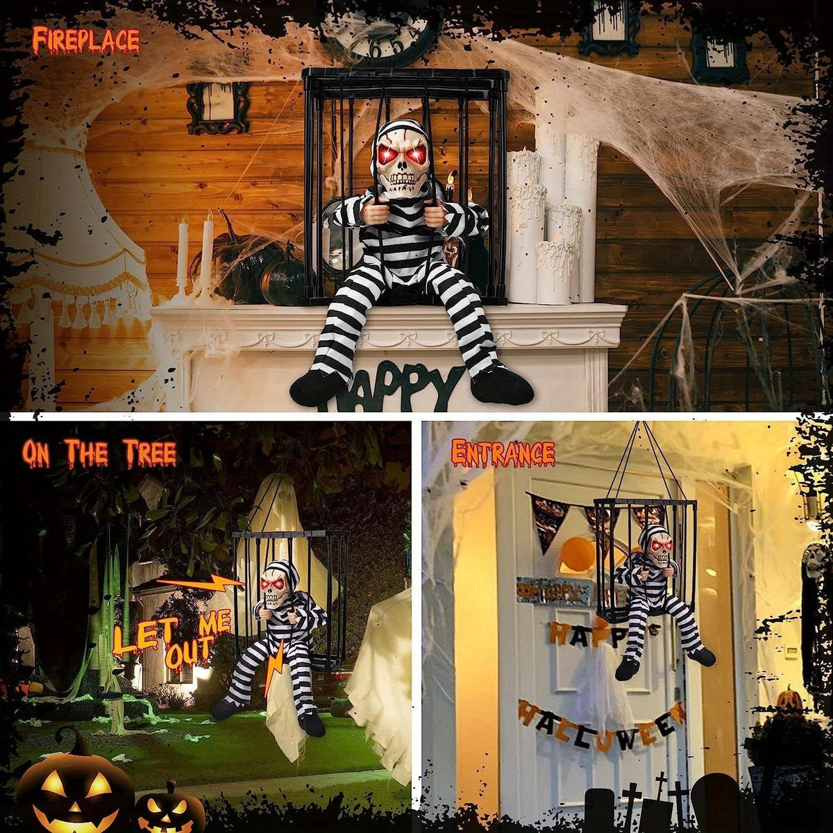 TerrorBone Animated Screaming Skeleton – Hanging Halloween Prop with Motion Sensor