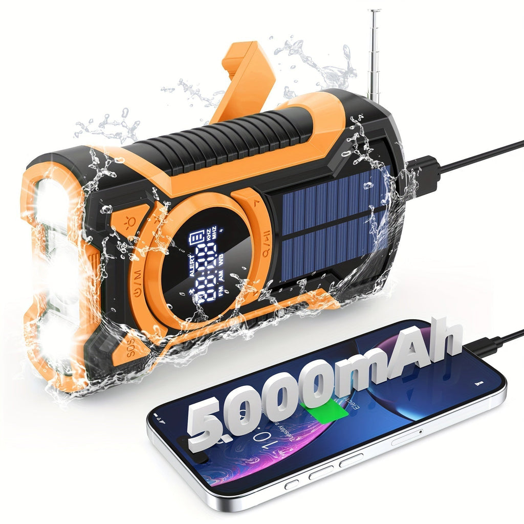 All-in-One Emergency Radio with Hand Crank, Solar Panel, Flashlight & USB Charger – Ideal for Camping and Outdoor Activities