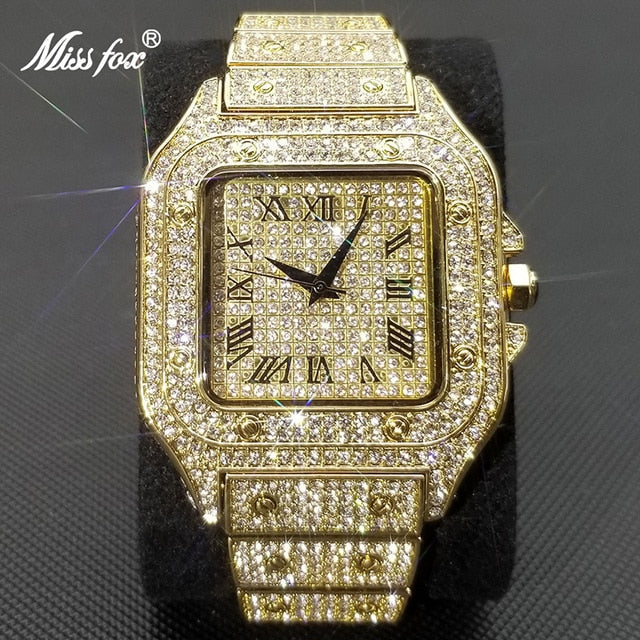 MISSFOX Ice Out Square Watch for Men