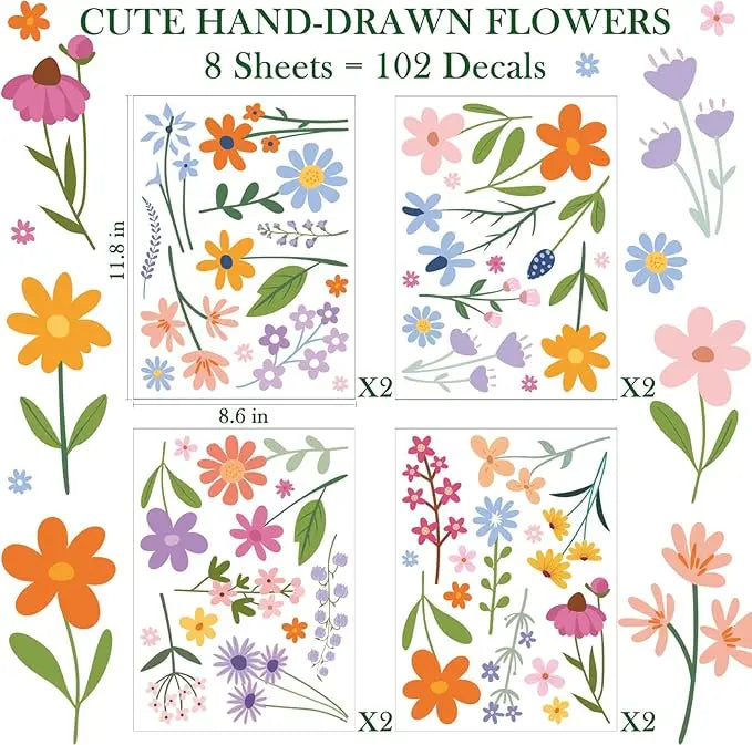 8 Sheets Spring Flowers Wall Stickers – 102 Self-Adhesive Designs for a Fresh Home!
