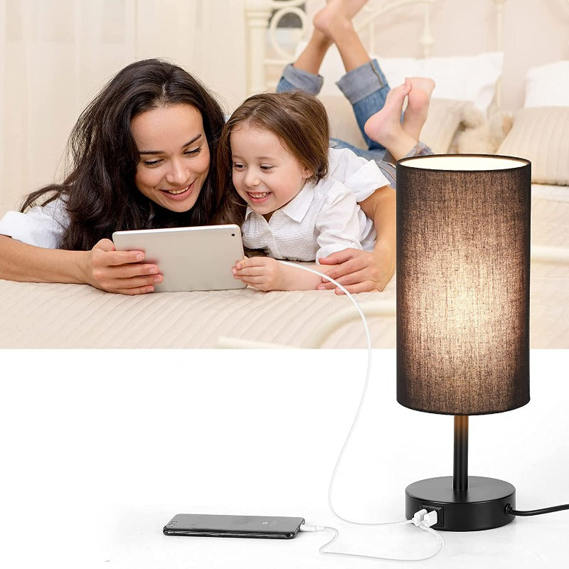 Lamp with USB connection Touch-Control Table Lamp for Bedroom Wood 3-stage dimmable Bedside Lamp with Round Linen Fabric Shade for Living Room, Student Dorm, Home Office