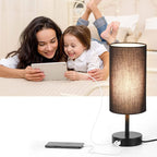 Lamp with USB connection Touch-Control Table Lamp for Bedroom Wood 3-stage dimmable Bedside Lamp with Round Linen Fabric Shade for Living Room, Student Dorm, Home Office