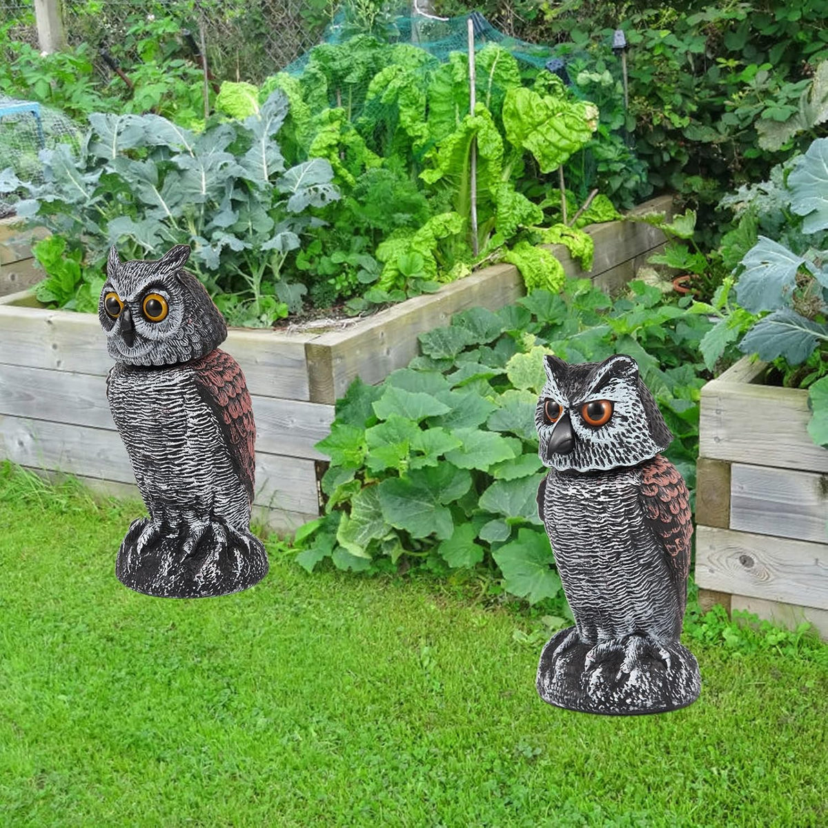 Realistic 2-Pack Owl Decoy with Rotating Head – Outdoor Bird & Pest Repellent