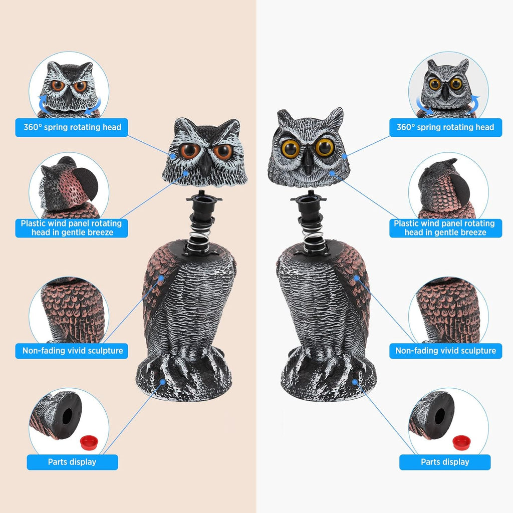 Realistic 2-Pack Owl Decoy with Rotating Head – Outdoor Bird & Pest Repellent
