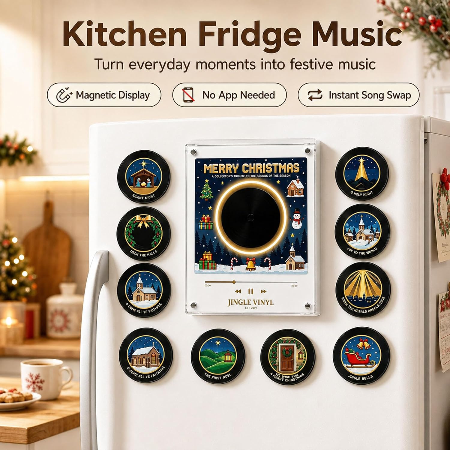 2027 New Magnetic Fridge Record Player, Christmas Magnetic Fridge Vinyl Music Box with 9 NFC Discs