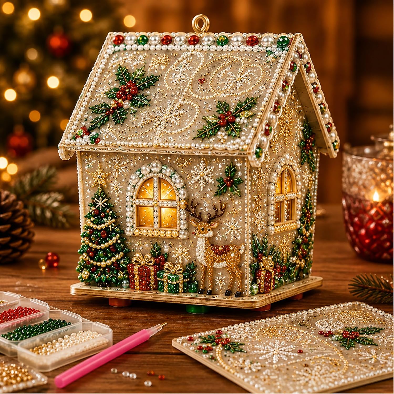 3D Christmas House Diamond Painting Kits for Adults, Light Up Wooden Pearl Art Set DIY Holiday Ornaments
