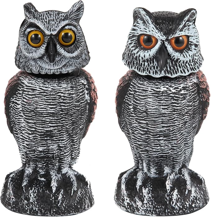 Realistic 2-Pack Owl Decoy with Rotating Head – Outdoor Bird & Pest Repellent