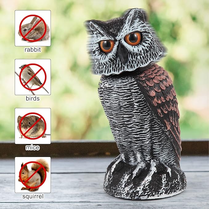 Realistic 2-Pack Owl Decoy with Rotating Head – Outdoor Bird & Pest Repellent