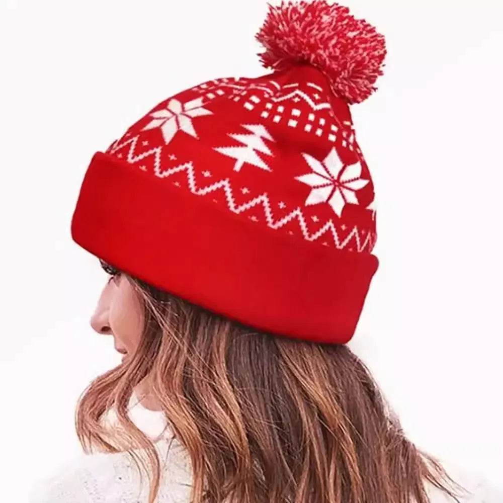 Jacquard Christmas Fluffy Ball Cap Thermal Head Cover Knitted Hat
