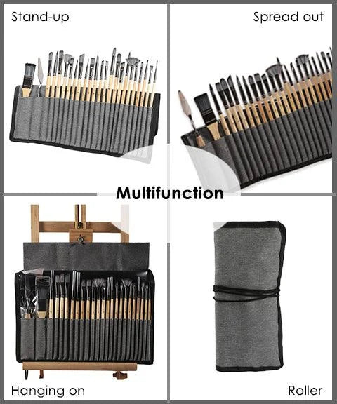 Professional Art Brushes with Natural Wood Handles Set of 24