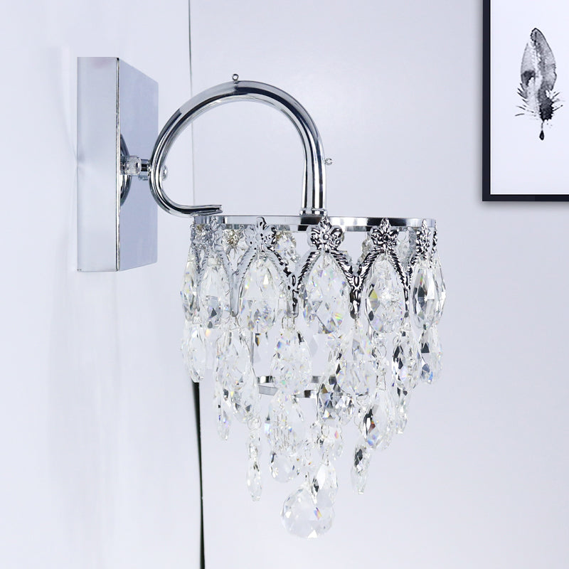 Polished Chrome LED Wall Light Modern Crystal Hanging Wall Light with Curved Arm