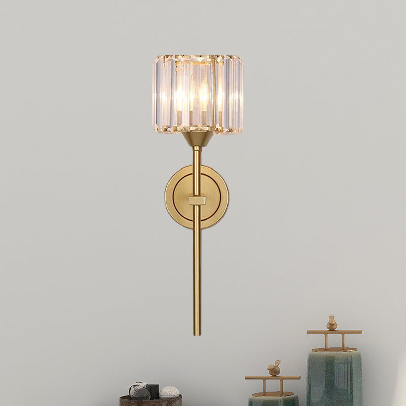 Simplicity Cylindrical Wall Lamp 1 Head Clear Crystal Block Wall Lamp in Gold with Pencil Arm