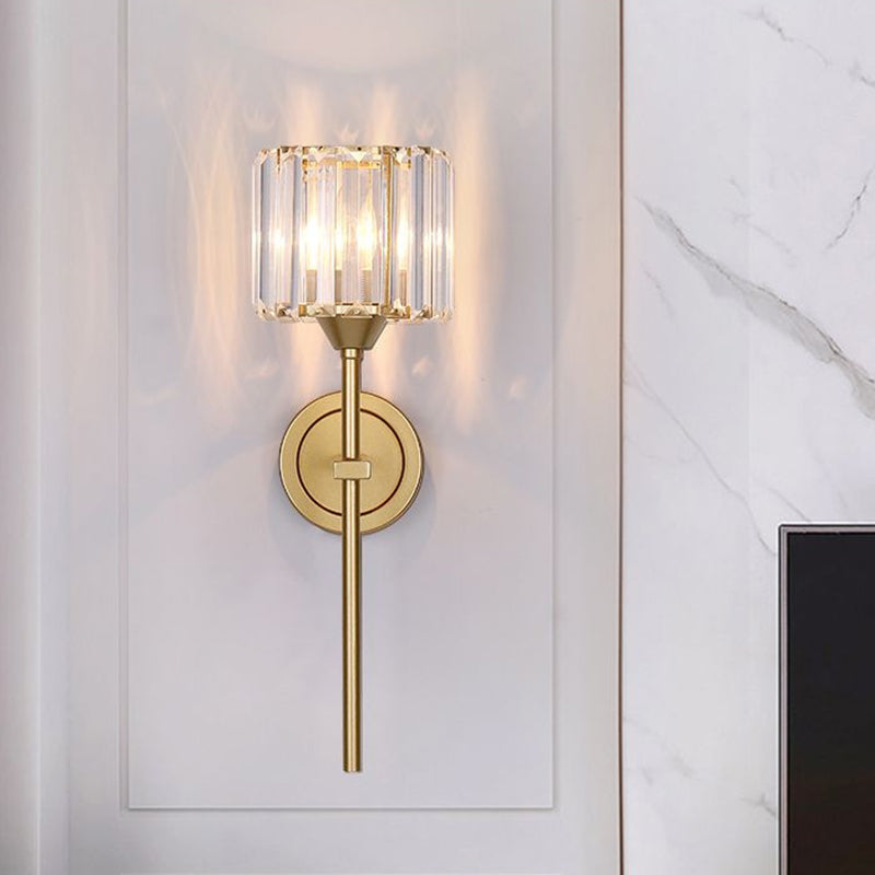 Simplicity Cylindrical Wall Lamp 1 Head Clear Crystal Block Wall Lamp in Gold with Pencil Arm