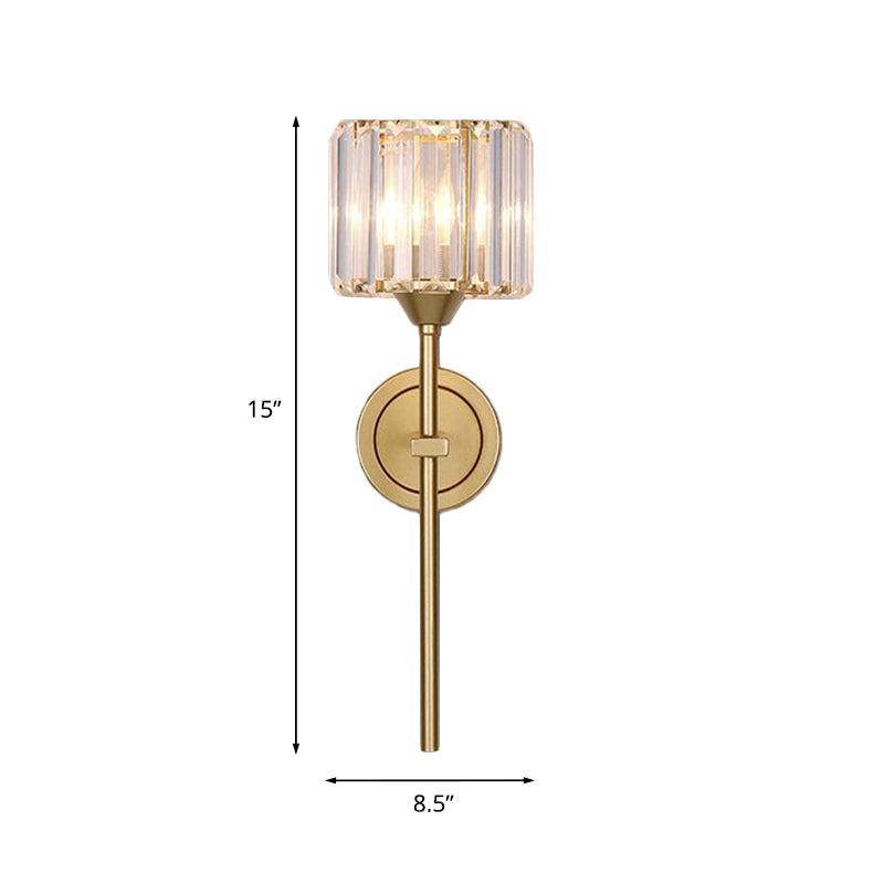 Simplicity Cylindrical Wall Lamp 1 Head Clear Crystal Block Wall Lamp in Gold with Pencil Arm