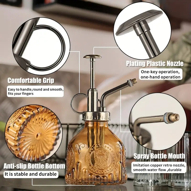 Embossed glass bottle with metal nozzle – Plant sprayer for flower watering in vintage design