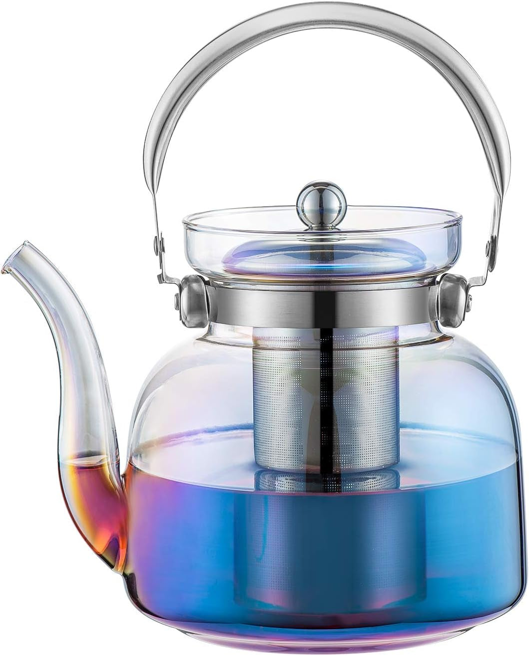 50 Oz(1500Ml) Glass Teapot with Lid, Removable Stainless Steel Tea Strainer and Handle, Stovetop Safe Tea Maker for Blooming and Loose Leaf Tea (Iridescent)